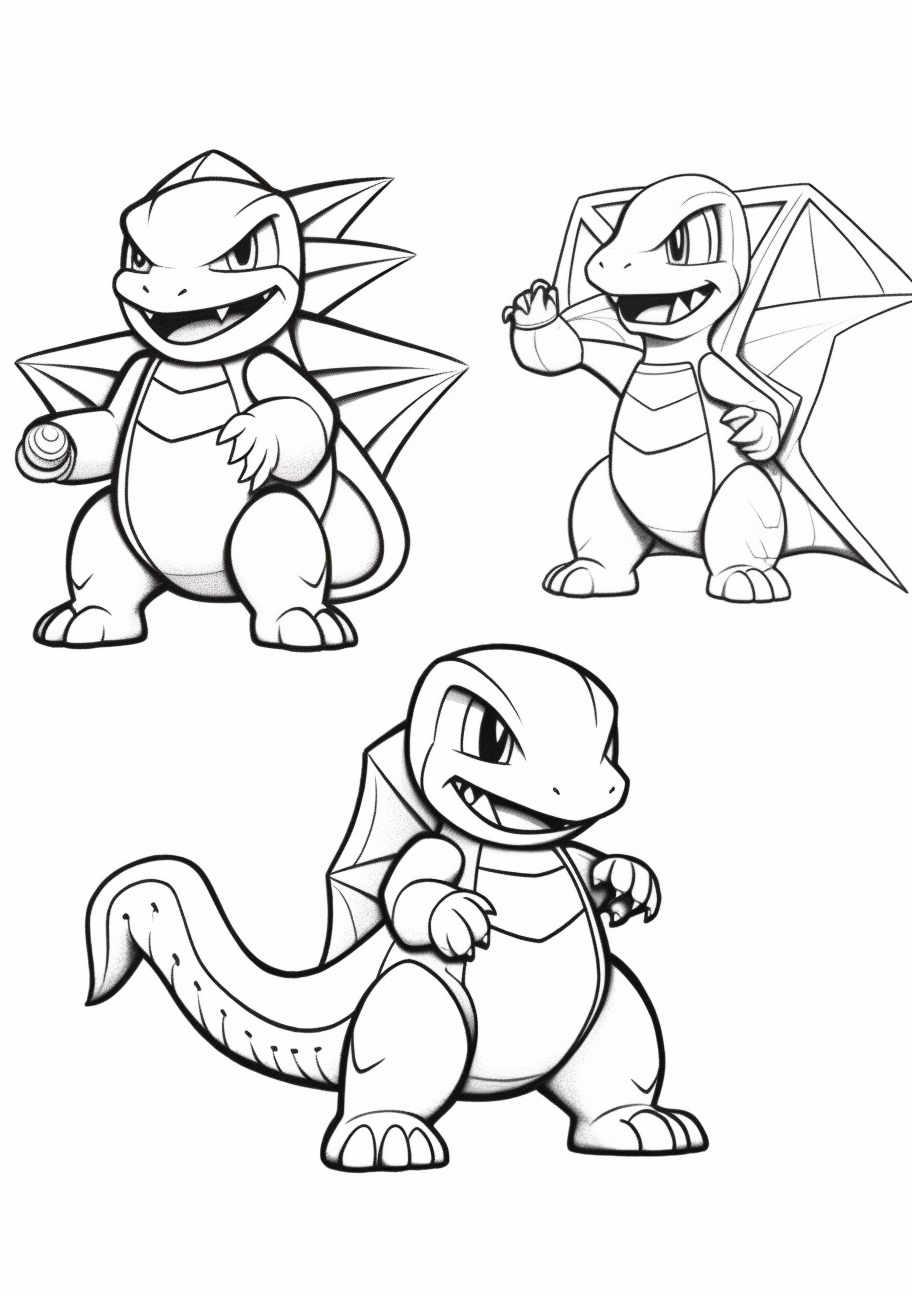 From the small flame-tailed Charmander to the majestic Charizard; bold outlines and dynamic shapes. printable coloring page, black and white, free download