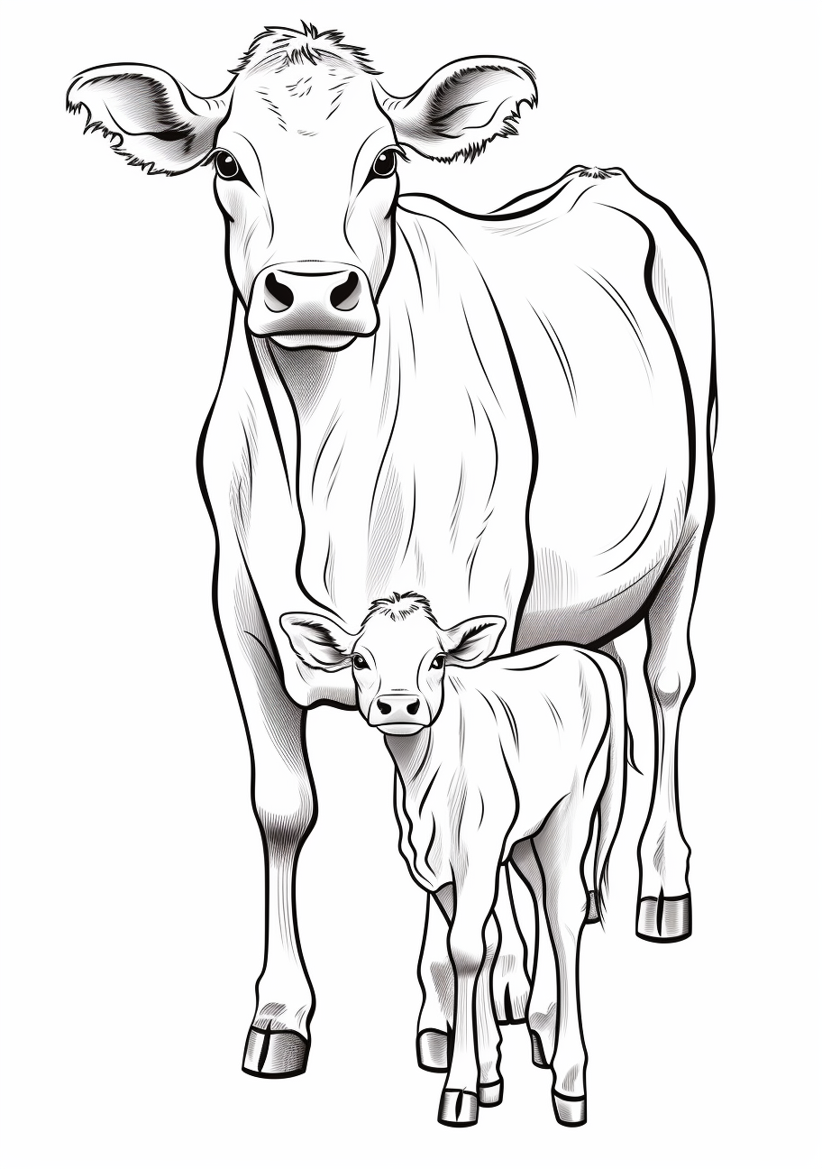 Image highlights a cow with its calf, all elements drawn in a sketch style.printable coloring page, black and white, free download
