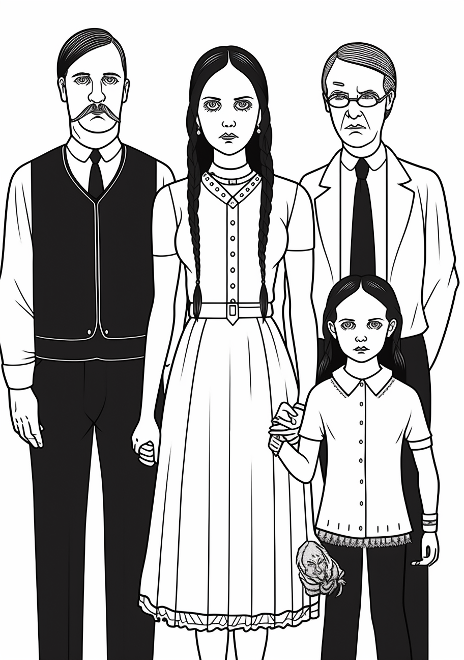 The Addams Family portrait featuring Wednesday Addams; detailed with clear lines and individual expressions. printable coloring page, black and white, free download