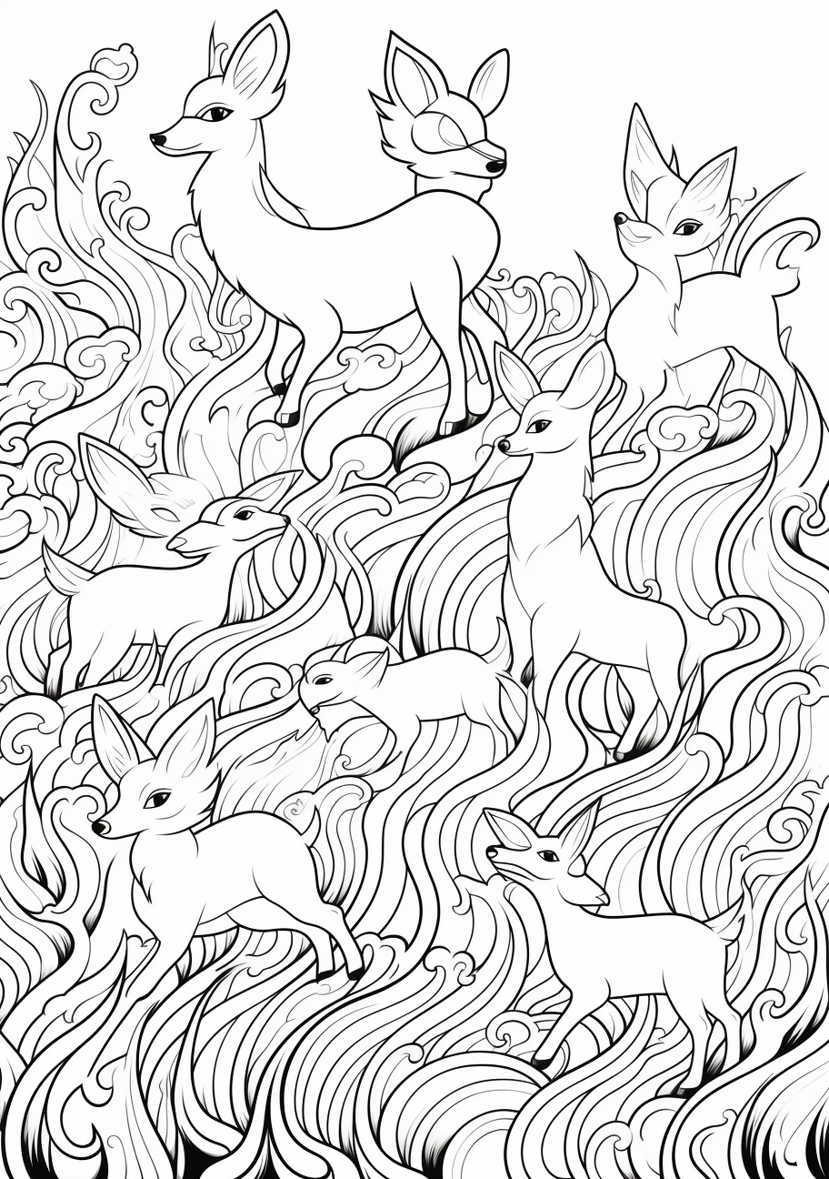 Depiction of energy flow in Eevee's evolution; intricate outlines. printable coloring page, black and white, free download