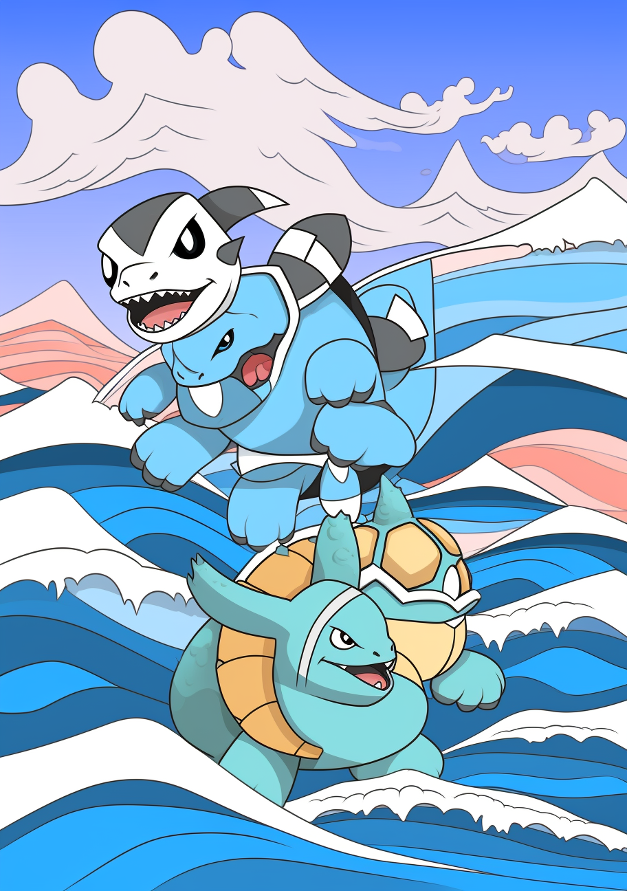 Squirtle's evolution to Wartortle and finally to Blastoise; simple lines and nautically-themed shapes. printable coloring page, black and white, free download