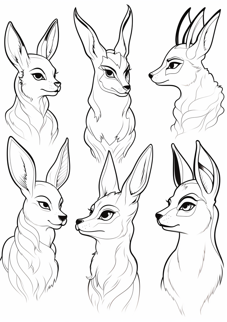 Transformations of Eevee across time; elegant lines with moderate details. printable coloring page, black and white, free download
