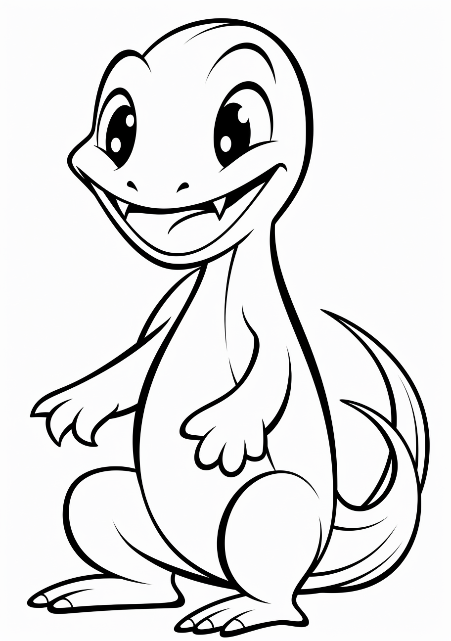 Funny sketch of Charmander in a playful scene; clean lines and simple forms. printable coloring page, black and white, free download