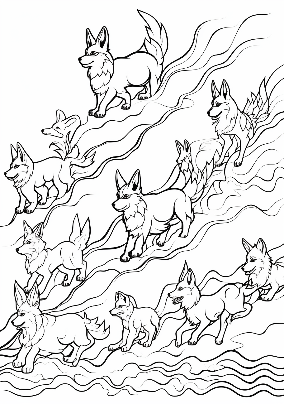 Illustration of Eevee's evolution sequence showing flow of power; detailed patterns. printable coloring page, black and white, free download