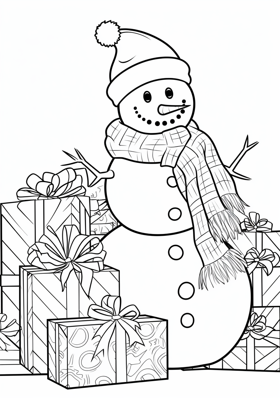 Holiday snowman surrounded by wrapped gifts; detailed designs with simple outlines.printable coloring page, black and white, free download