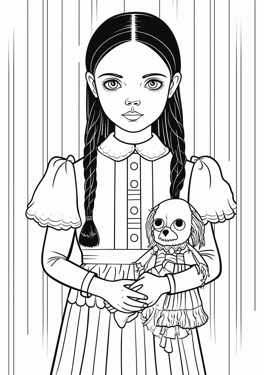 A gothic-style representation of Wednesday Addams; fine detailing on her attire and hair. printable coloring page, black and white, free download