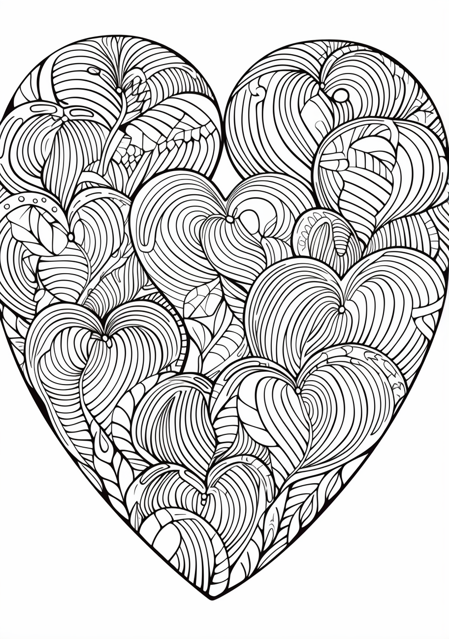 Heart with decorative swirling motifs; delicately drawn details.printable coloring page, black and white, free download