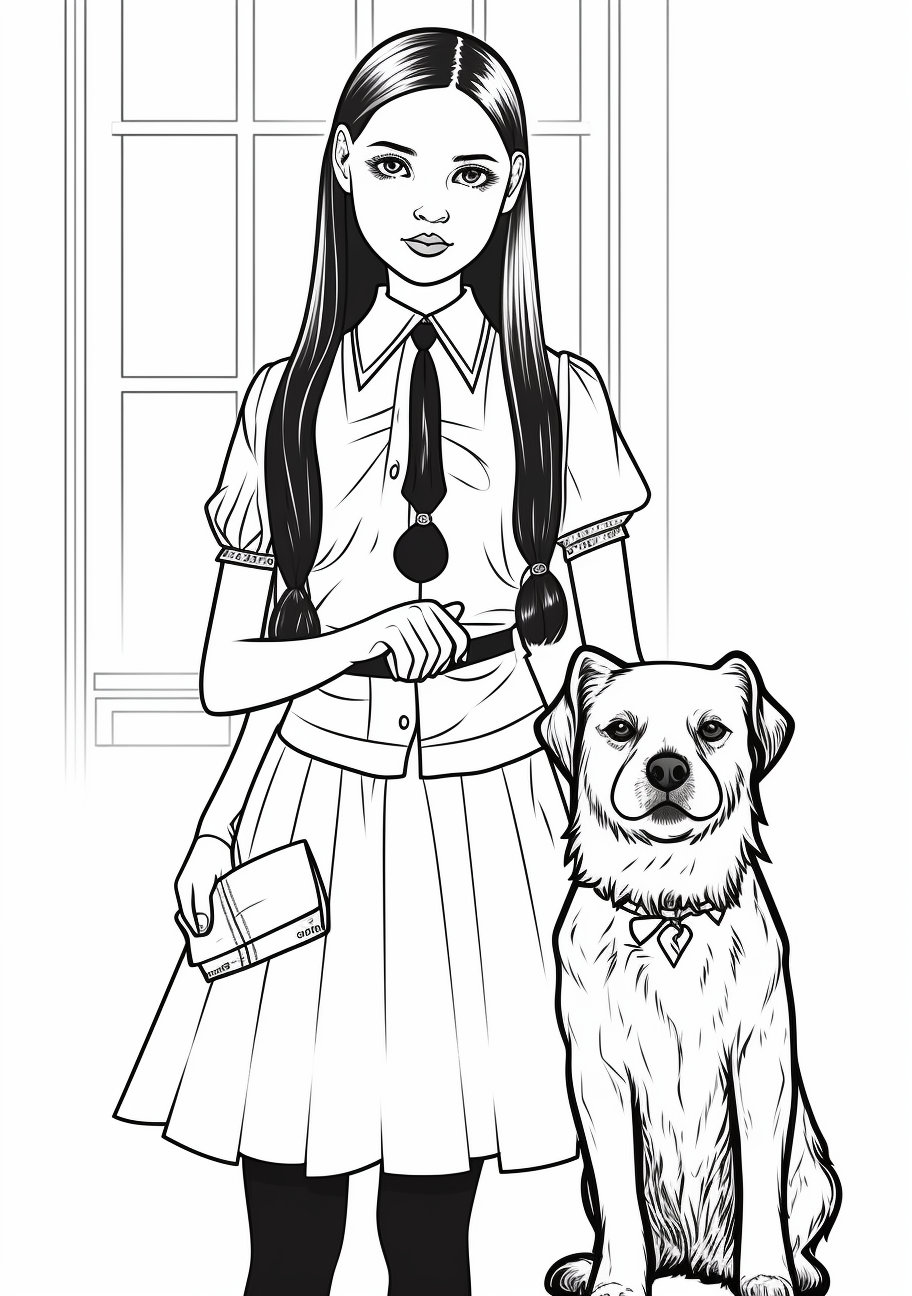 A solo pose of Wednesday Addams with her pet; emphasizing the gothic and morbid elements. printable coloring page, black and white, free download