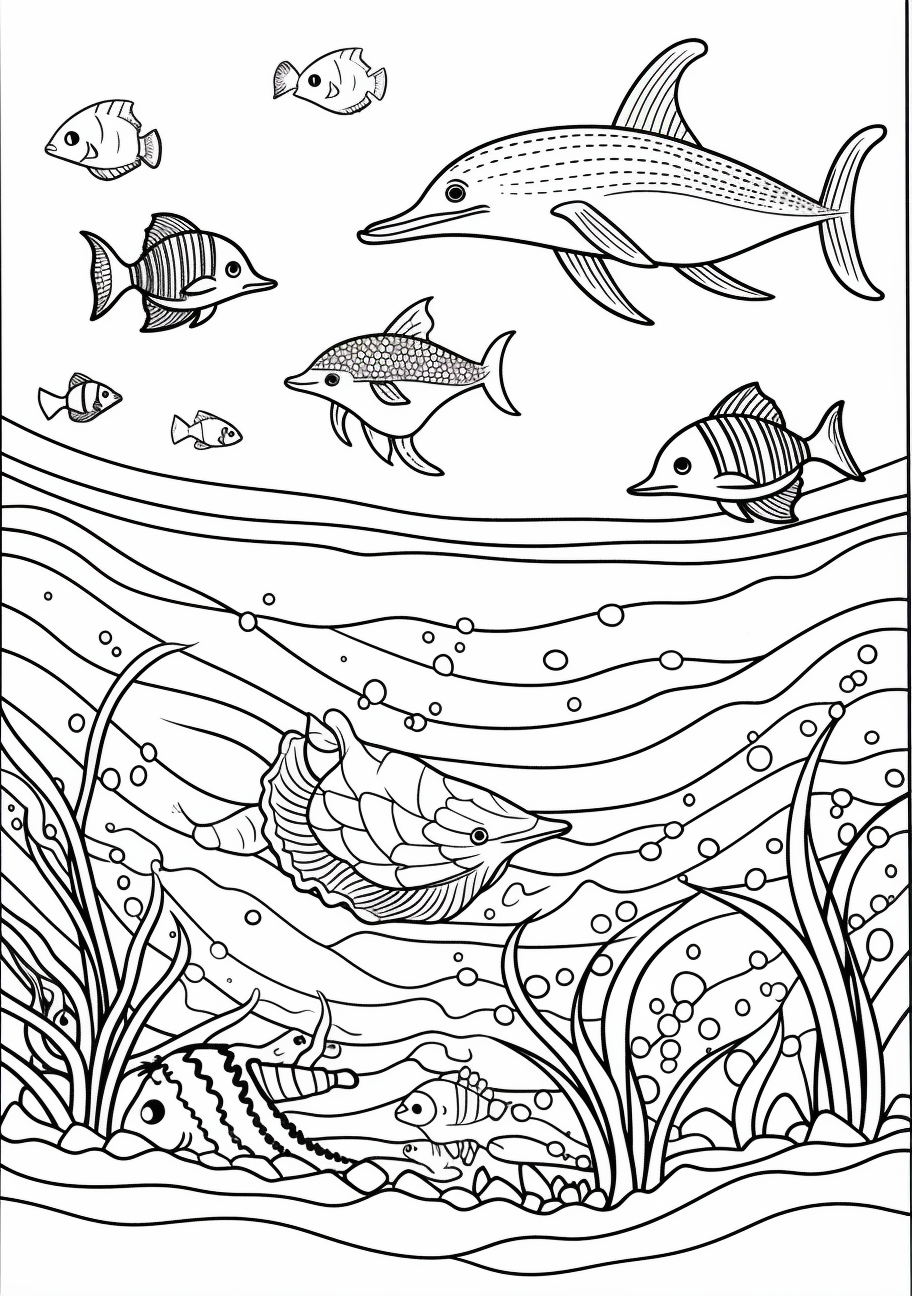 Coral reefs brimming with a variety of fish and crustaceans; moderate detail. printable coloring page, black and white, free download