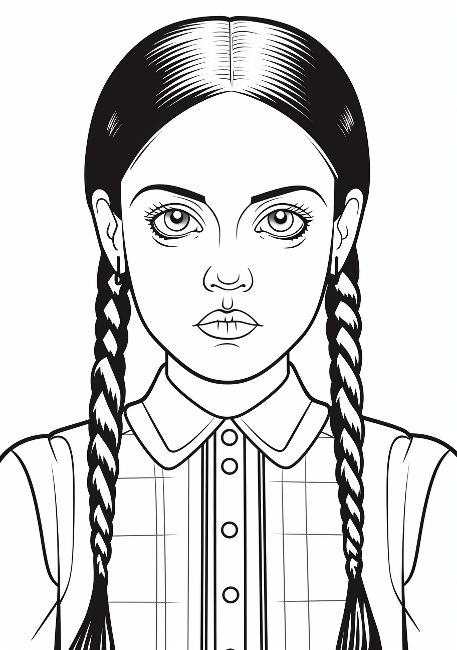 A close-up of Wednesday Addams showcasing her braids; detailed facial features. printable coloring page, black and white, free download