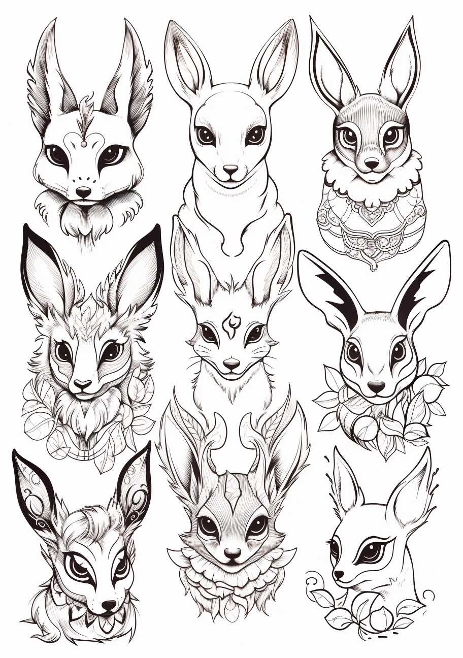 Artistic renderings of Eevee Evolutions; artistic embellishing with intricate patterns and designs. printable coloring page, black and white, free download