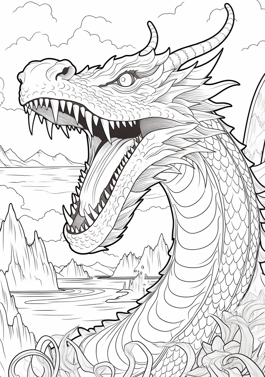 A realistic roaring dragon, with sharp teeth and detailed scales.printable coloring page, black and white, free download