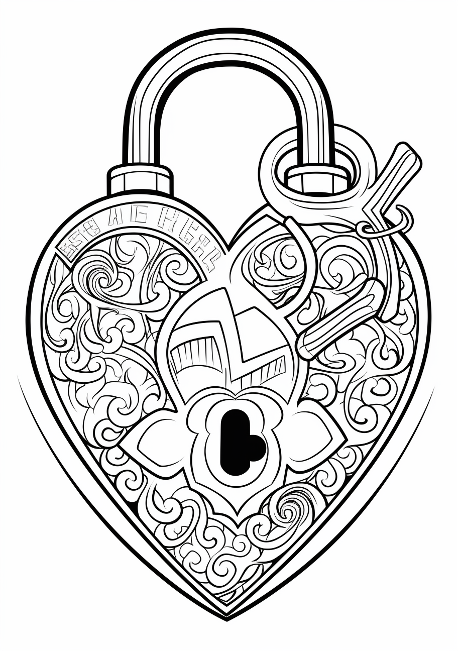 Heart-shaped lock and key design; bold outlines and moderate details.printable coloring page, black and white, free download