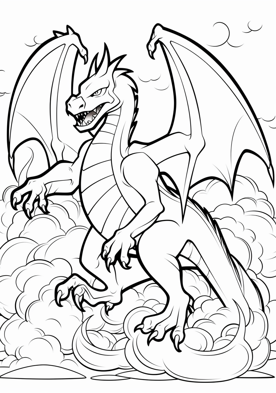 Mega Charizard in dynamic stance, with flames and detailed scales; clean simple lines. printable coloring page, black and white, free download