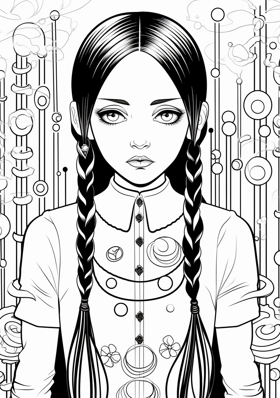 Full body image of Wednesday Addams; in a mystical scene with intricate patterns and swirling lines. printable coloring page, black and white, free download