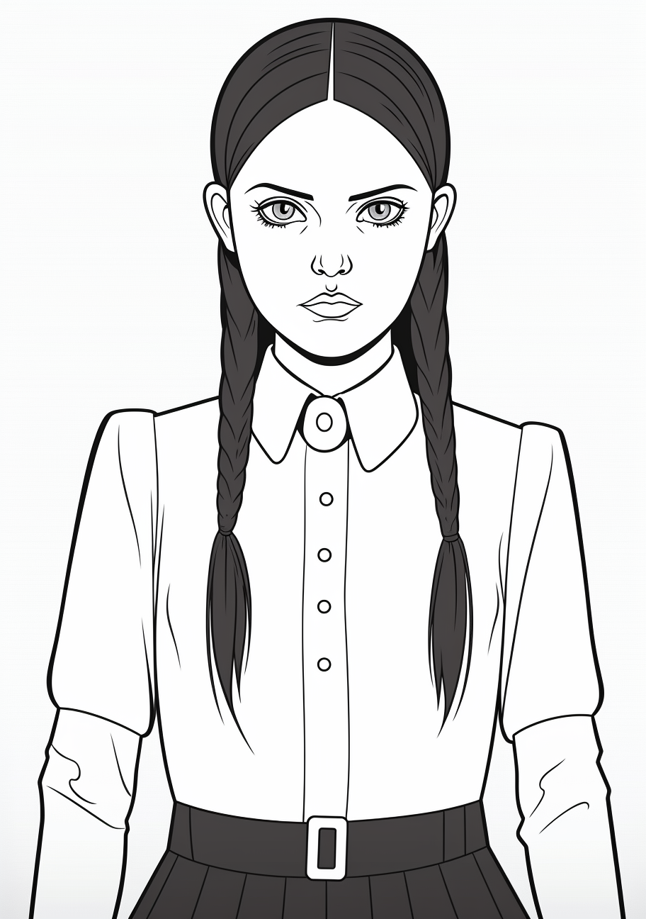 Artistic rendering of Wednesday Addams; thick outline with expressive facial expression. printable coloring page, black and white, free download