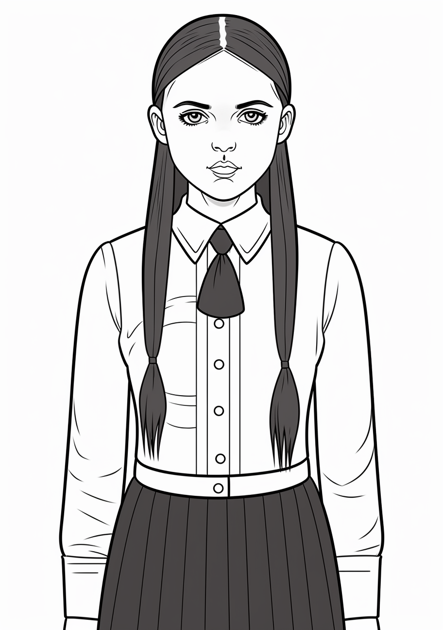 Detailed full body sketch of Wednesday Addams; clean outlines with moderate details. printable coloring page, black and white, free download