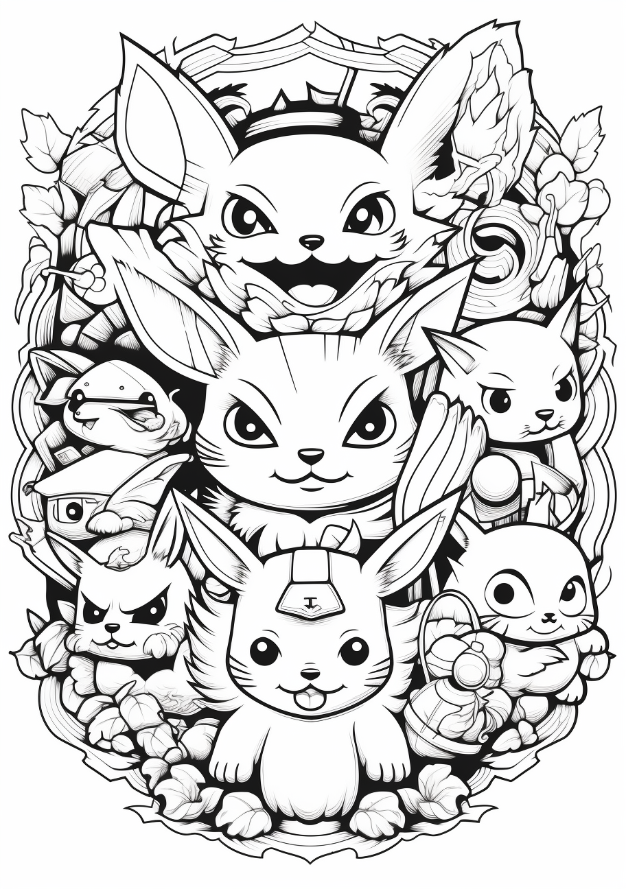 Scene showcasing a gathering of Pikachu and its companions; defined outlines with added character elements. printable coloring page, black and white, free download