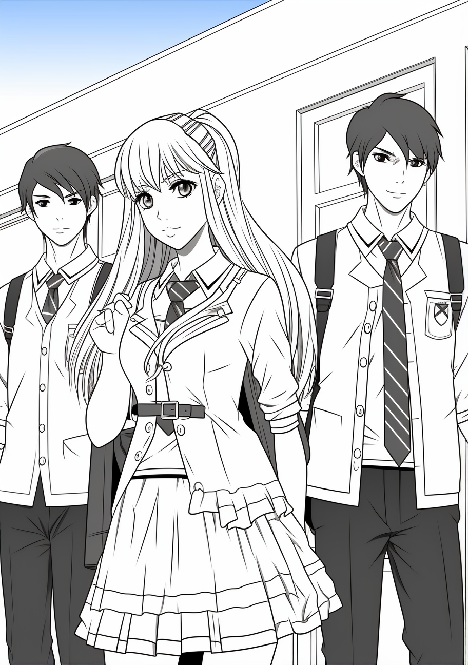 Anime characters inside a classroom setting; distinct uniforms and classroom objects