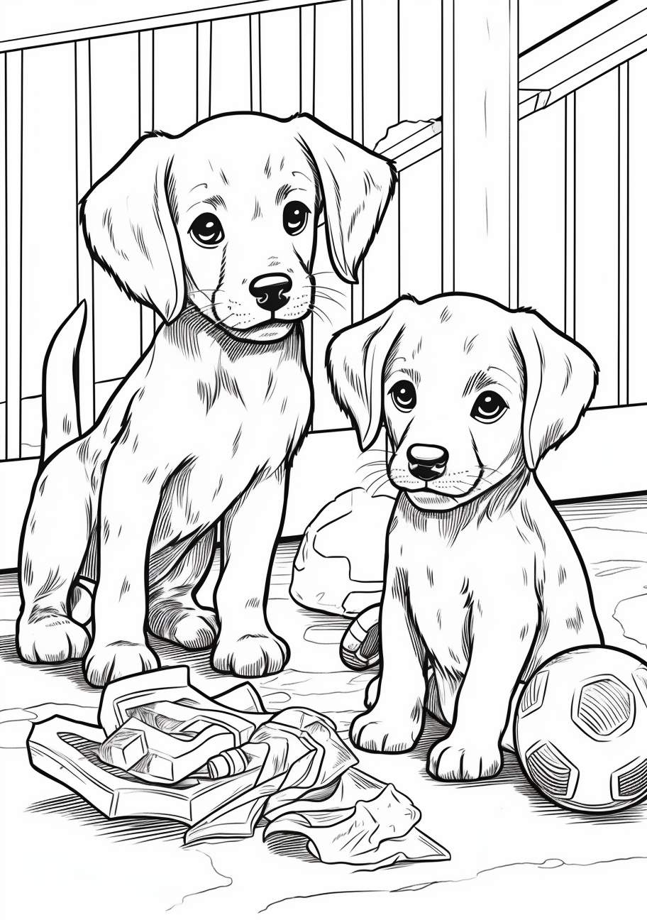 Playful puppies with their toys; blend of simple and complex shapes. printable coloring page, black and white, free download