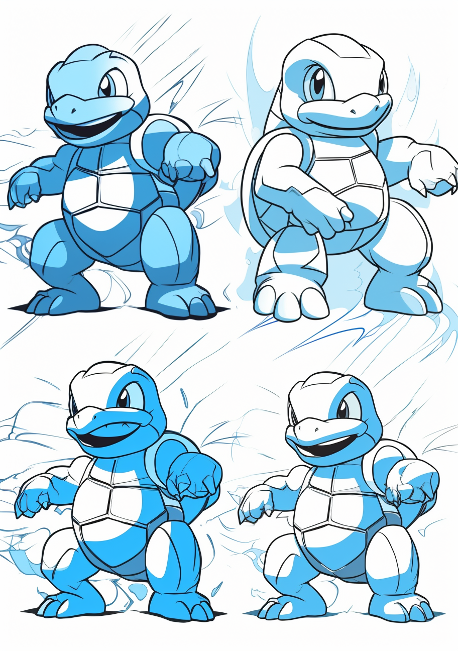 Track the journey of Squirtle from the beginning stage to its final evolution; clean, simple lines. printable coloring page, black and white, free download
