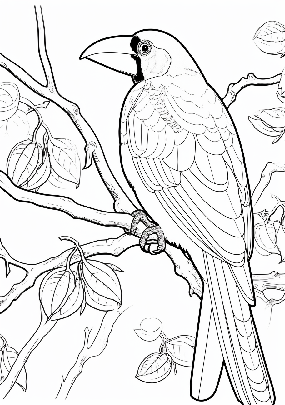 A toucan, a common tropical bird, sitting among lush leaves; emphasis on distinctive bill.printable coloring page, black and white, free download