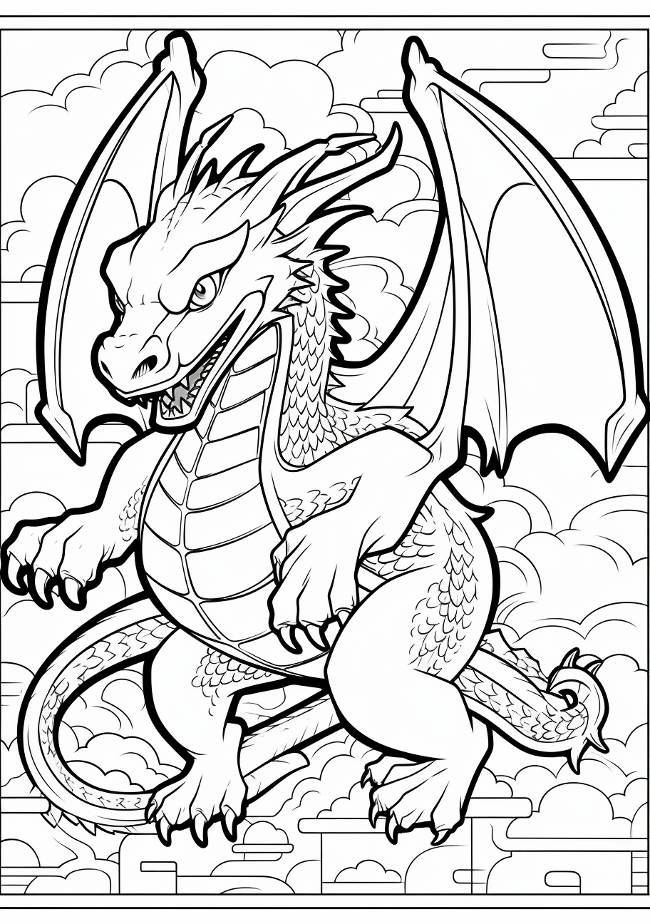 Highly complex line art of Charizard; featuring detailed patterns for an adult coloring experience. printable coloring page, black and white, free download