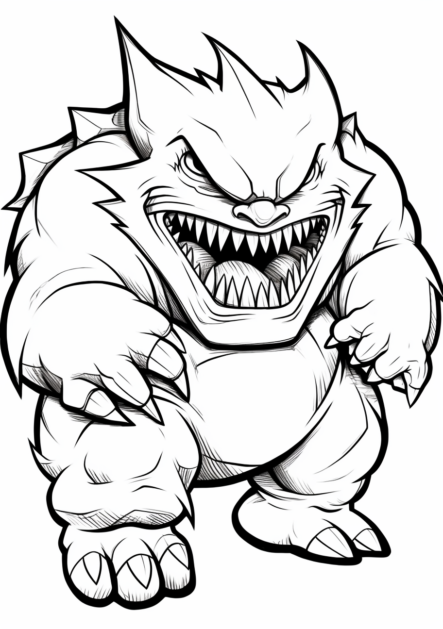Illustration of Mega Gengar, focusing on its haughty stance and intimidating gaze. printable coloring page, black and white, free download