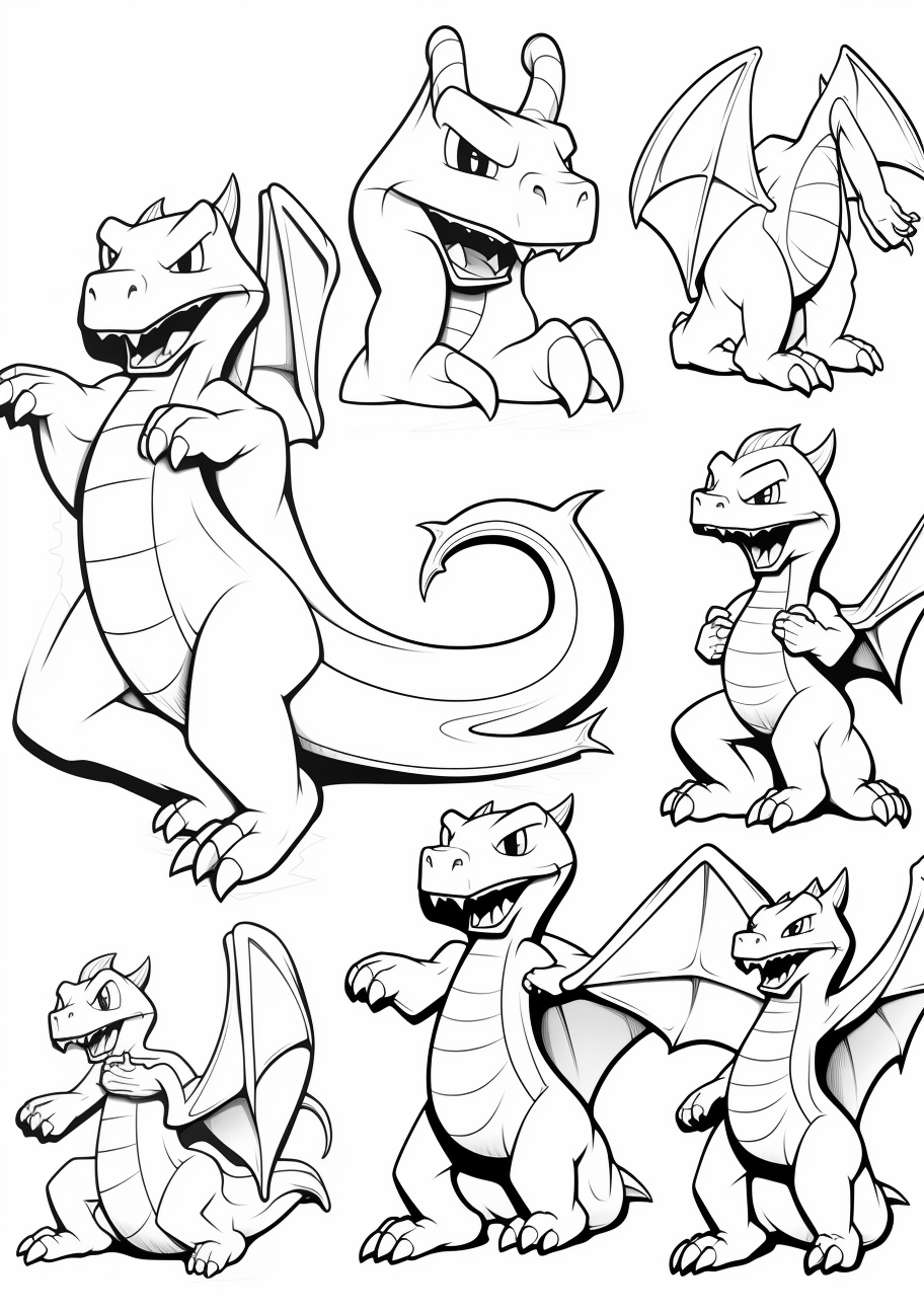 Charizard's powerful presence in Pokemon Go; distinctive shapes and powerful lines. printable coloring page, black and white, free download