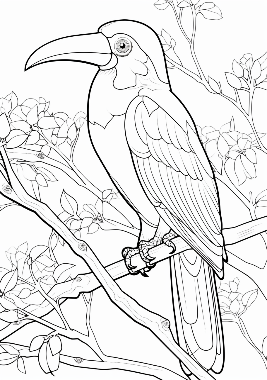 A tropical toucan perched on a branch; detailed with bold outlines.printable coloring page, black and white, free download