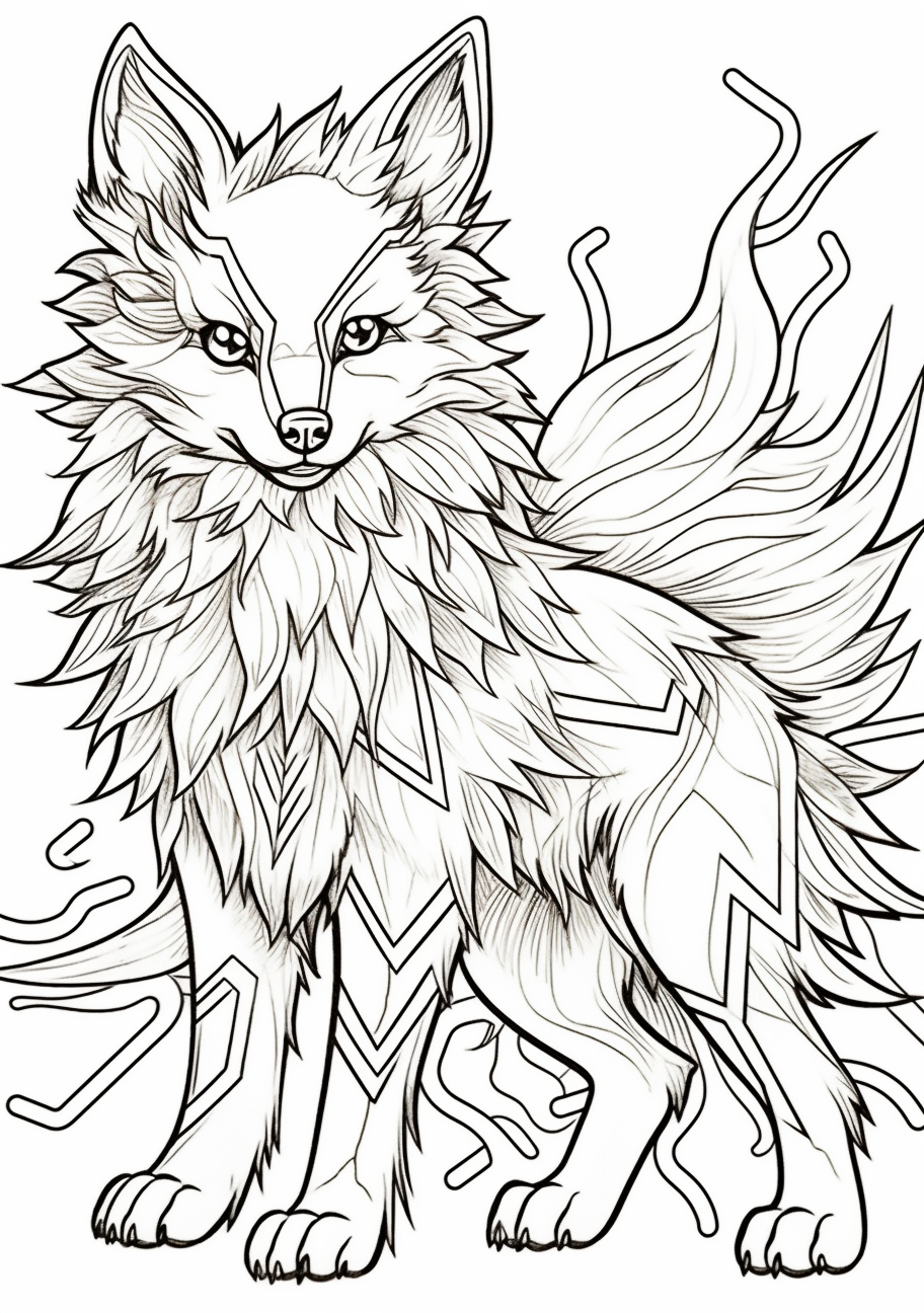 Jolteon from Eevee Evolution; detailed with sharp,spiky fur mimicking static electric discharge. printable coloring page, black and white, free download