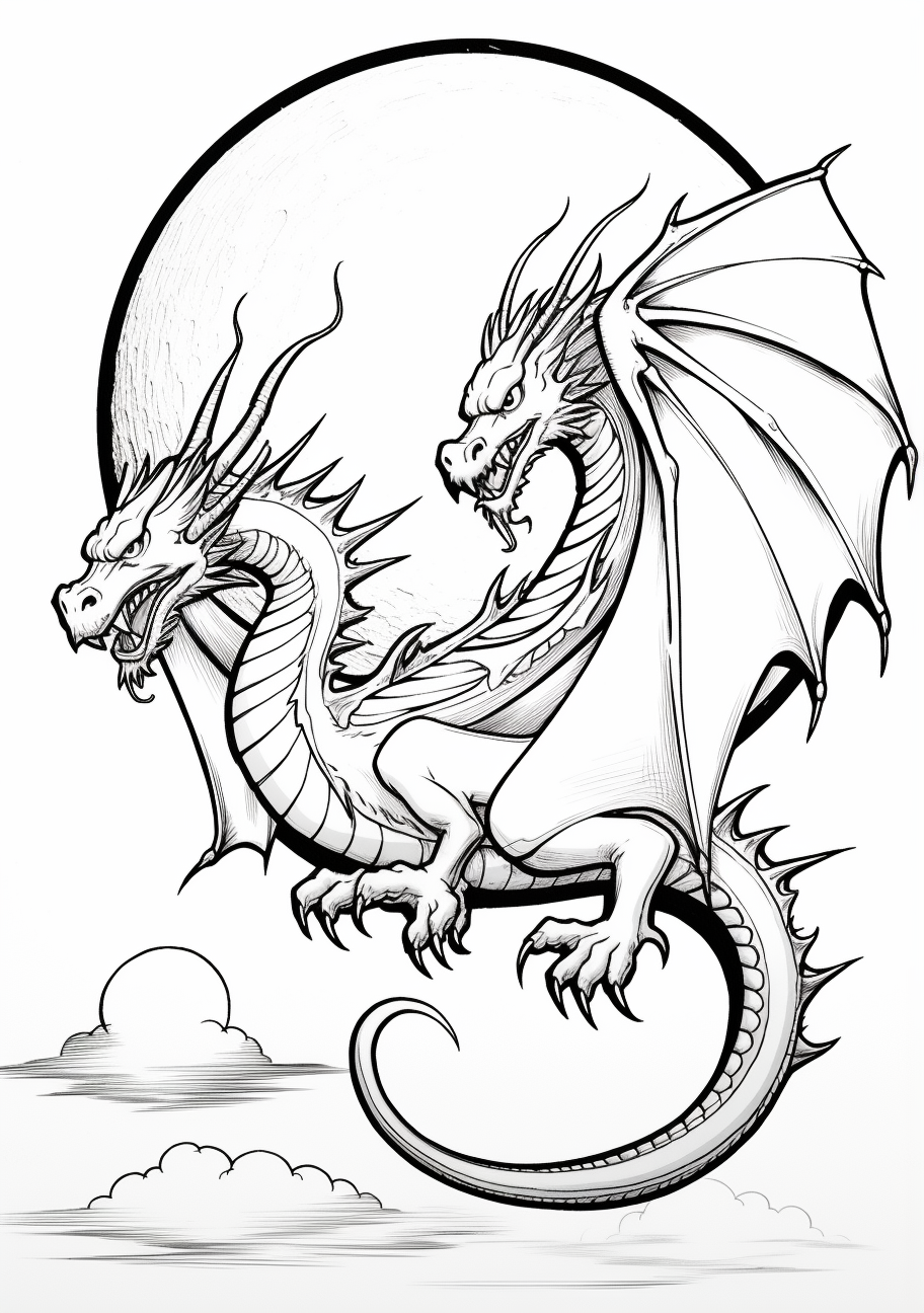 A dragon navigating the night sky; detailed with ornate patterns.printable coloring page, black and white, free download