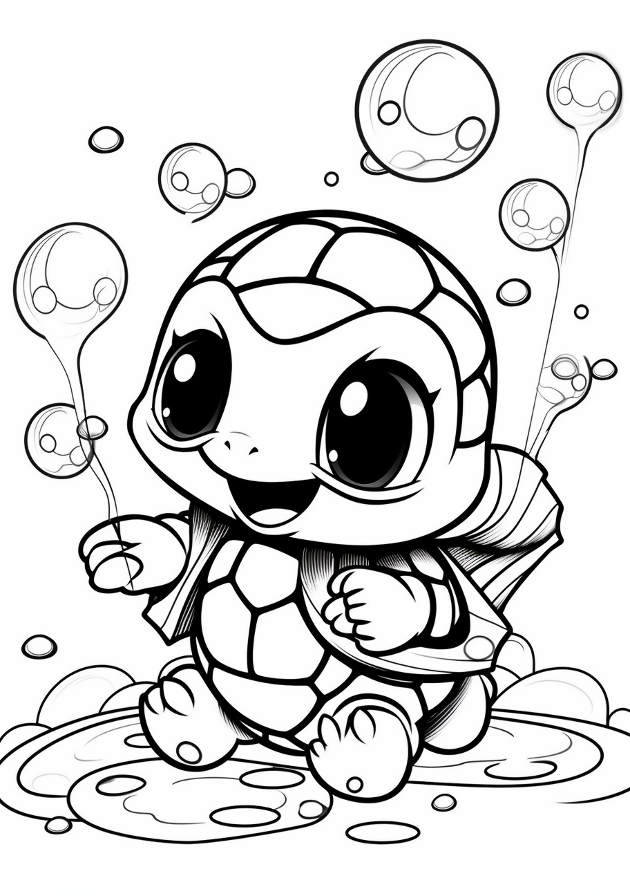 Illustrations of a happy Squirtle; simple lines with cartoon style detailing. printable coloring page, black and white, free download