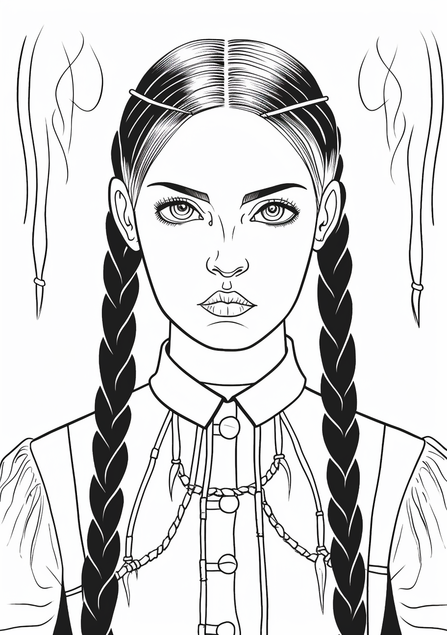 Image of Wednesday Addams featuring her iconic dual braids; moderate details on hair strands. printable coloring page, black and white, free download