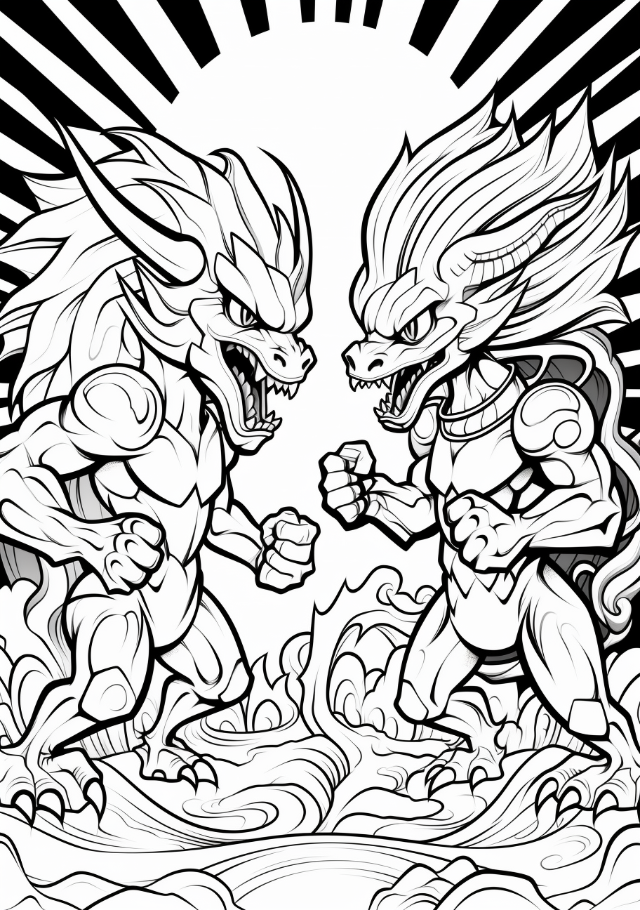 A duel between first Generation Pokemon illustrated with detailed expressions and poses. printable coloring page, black and white, free download