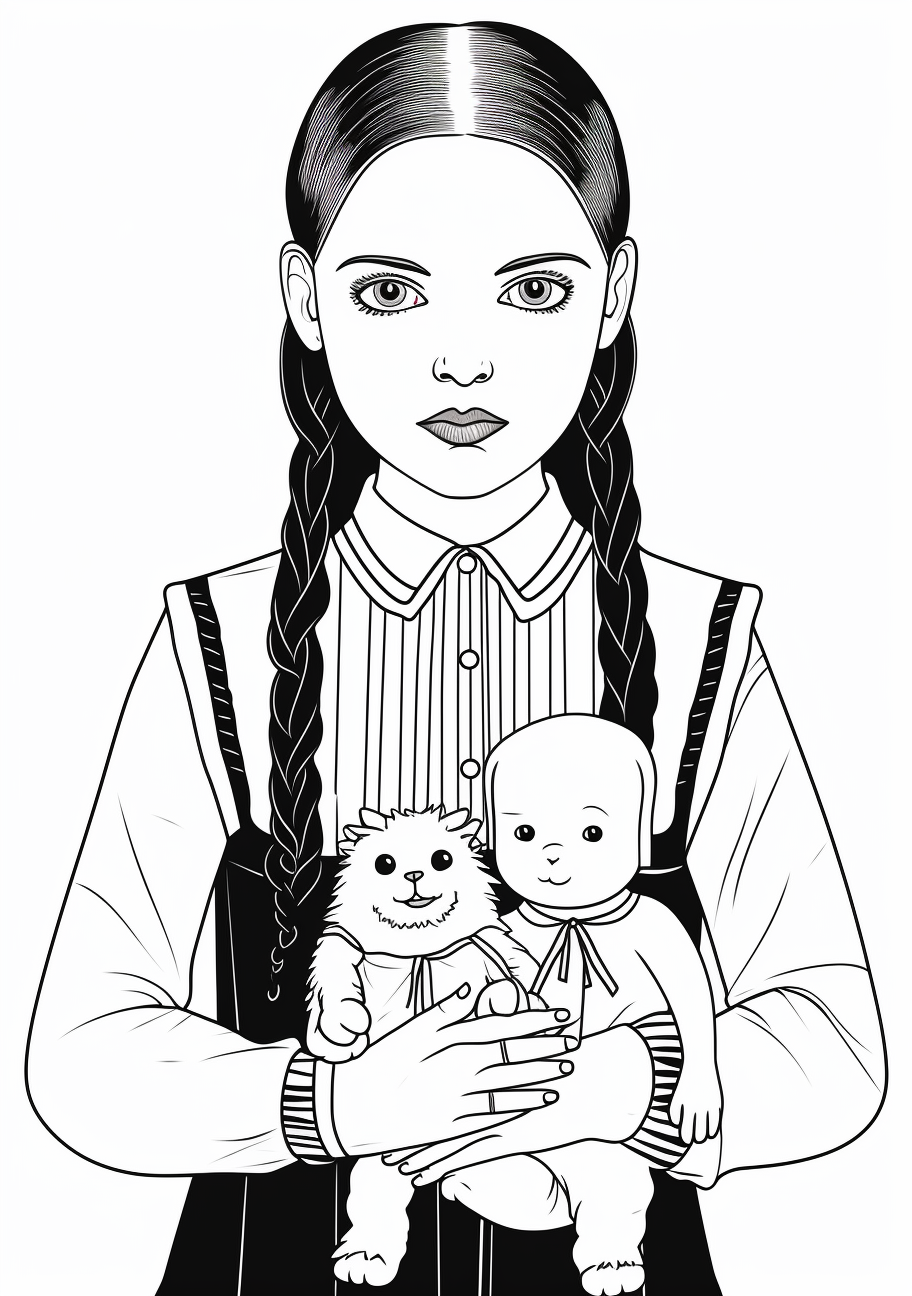Long dress edition of Wednesday Addams, providing additional patterns for coloring; striking contrast between her distinct hairstyle and dress details. printable coloring page, black and white, free download