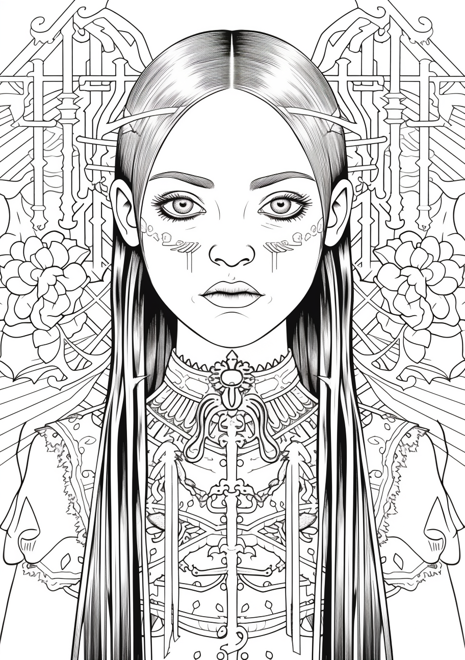 A portrait of Wednesday Addams surrounded by beautiful intricate patterns. printable coloring page, black and white, free download