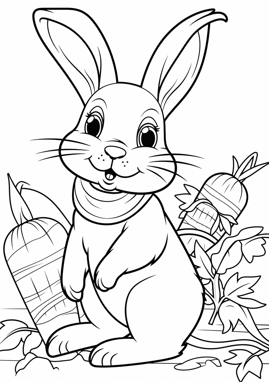 Line-drawing of a cute bunny holding a carrot; simple shapes.printable coloring page, black and white, free download