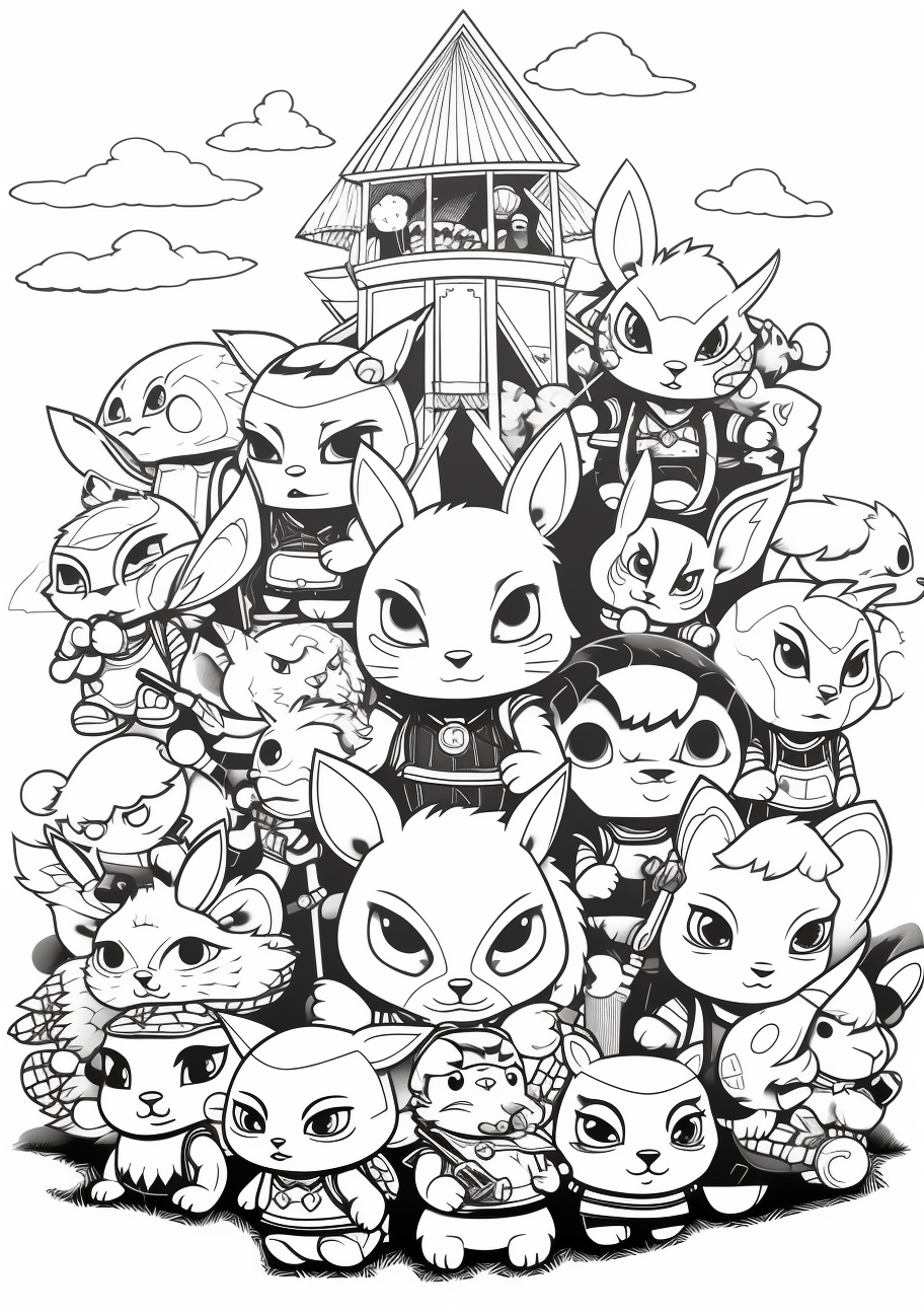 Generation 1 Pokemon during training, portrayed with detailed facial features and simple body figures. printable coloring page, black and white, free download