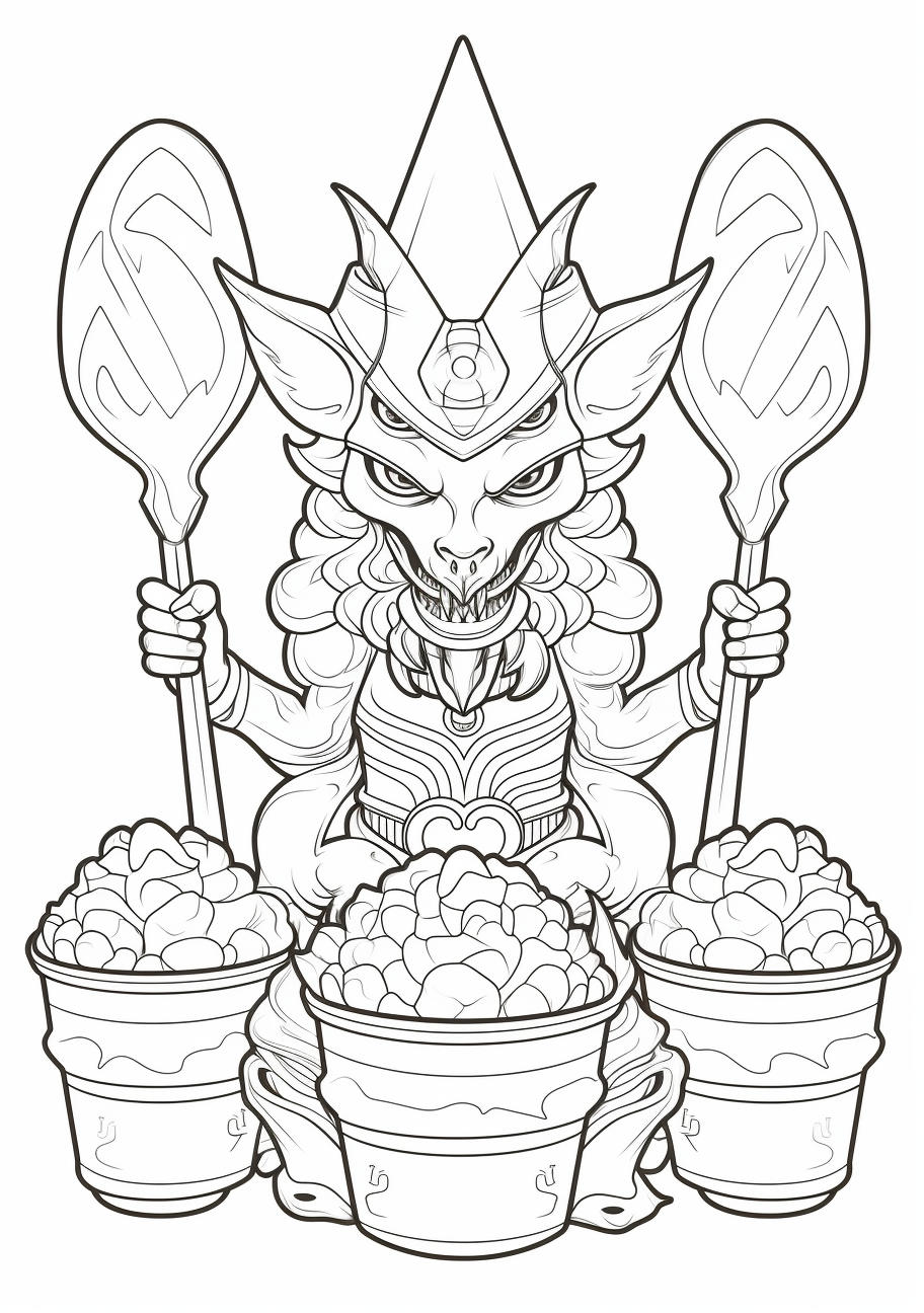 Alakazam wielding its psychic powers; bold outlines, with well-detailed elements. printable coloring page, black and white, free download
