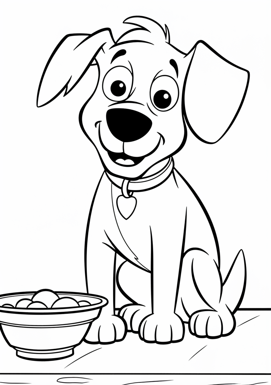 A hungry cartoon pooch sitting near a bowl of kibble; the image is created using bold outlines and a mix of curved and straight lines. printable coloring page, black and white, free download