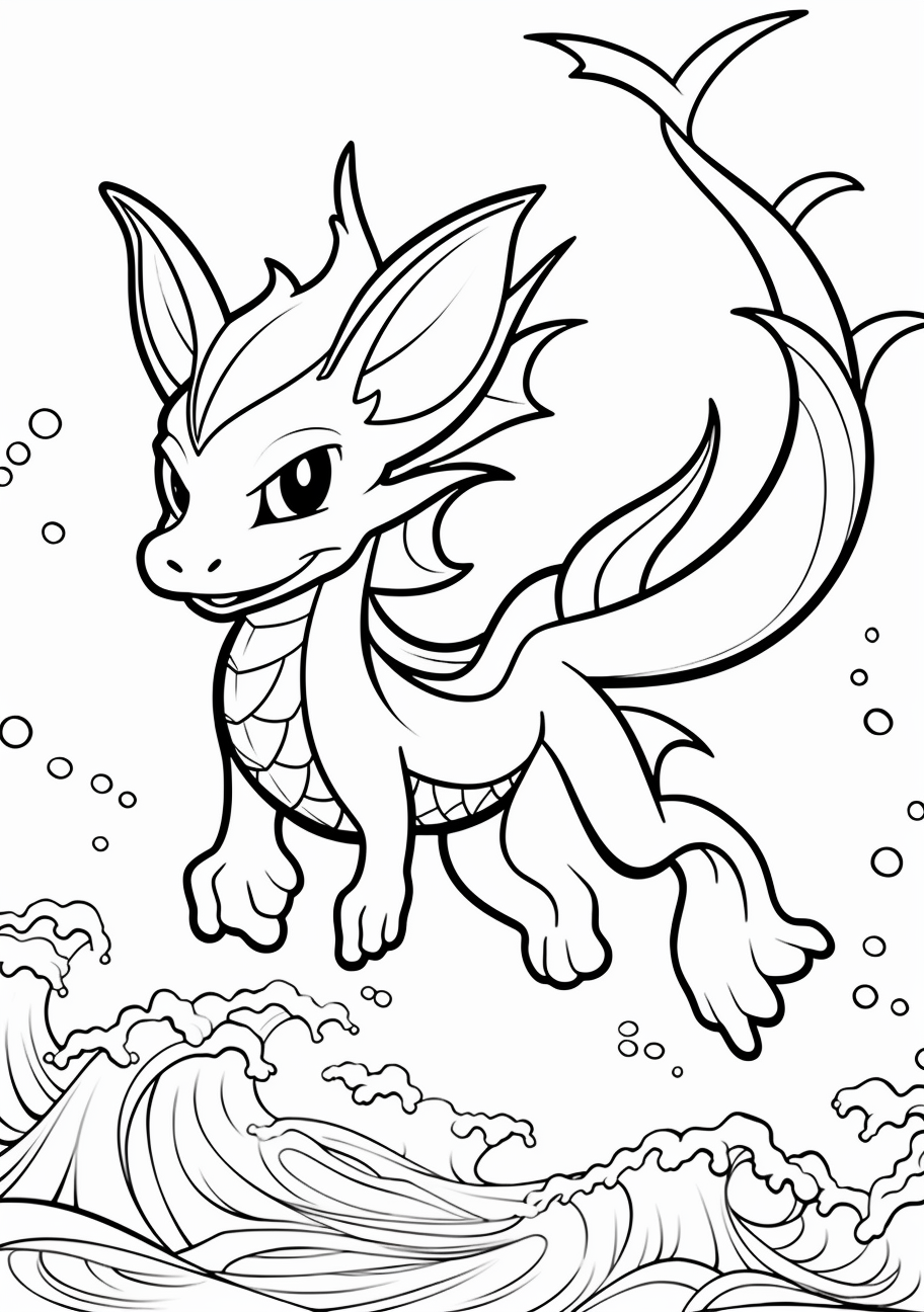 Dynamic Vaporeon from Eevee Evolution; noted for its flowing tail, mane and wave-like fins. printable coloring page, black and white, free download