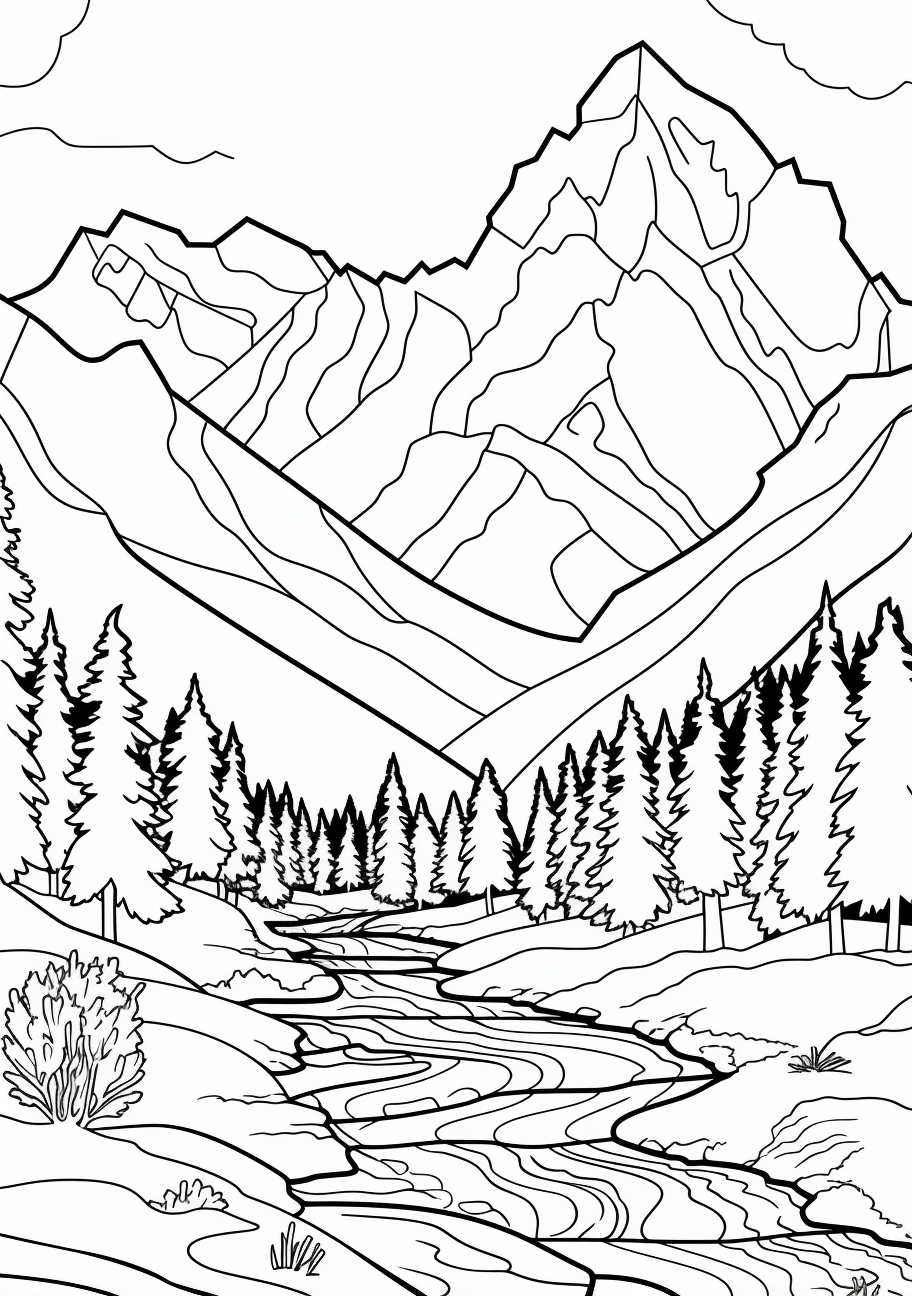 A scenic hiking trail with mountains in the backdrop featuring rocks, shrubs, and trees; clean and detailed lines. printable coloring page, black and white, free download