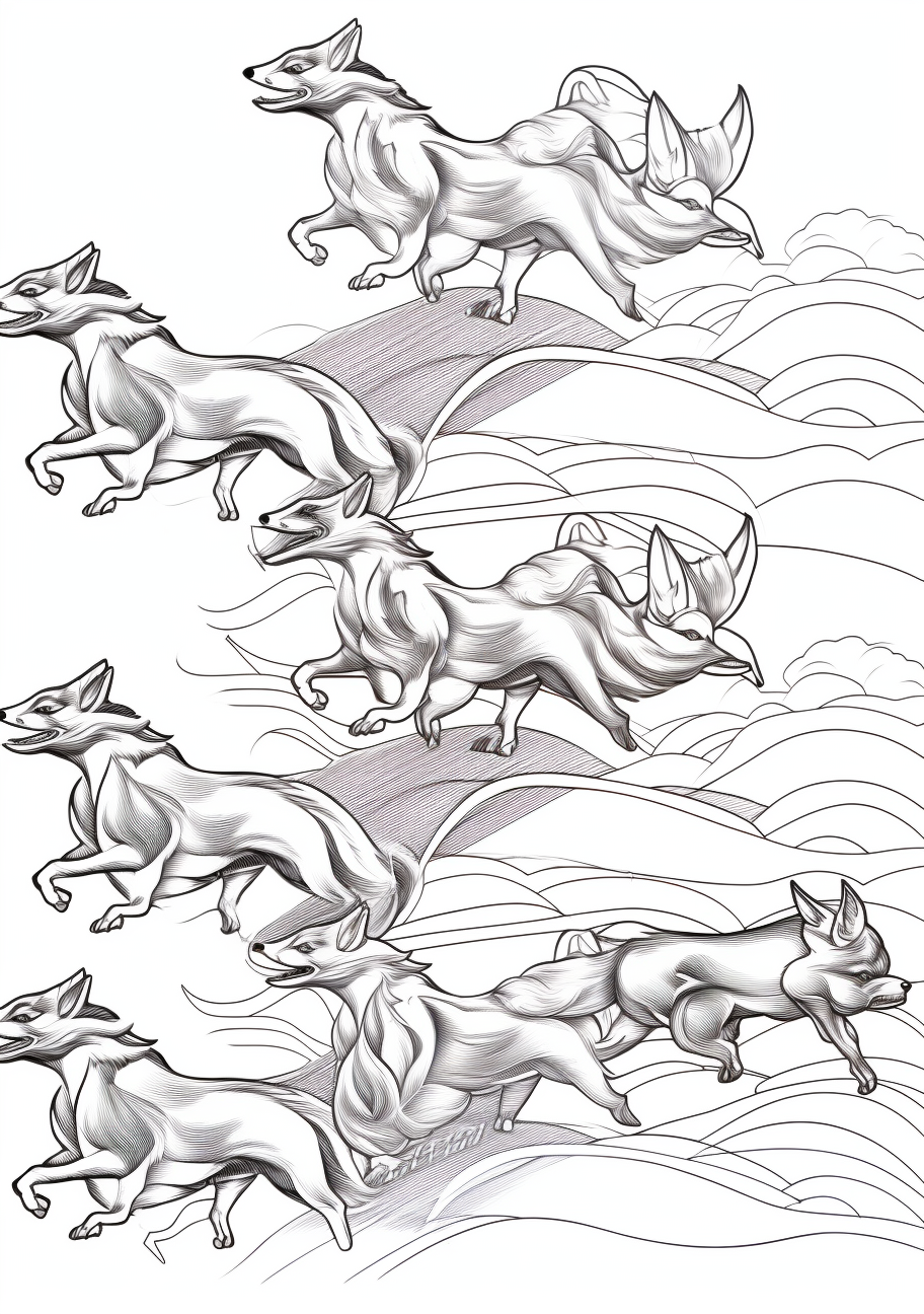 Portrayal of Eevee and its evolutions channeling power; detailed patterns and lines. printable coloring page, black and white, free download