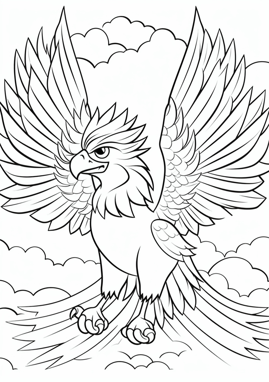 Ho-Oh's legendary elegance visible in its spread wings and long trail of feathers; detailed lines and forms. printable coloring page, black and white, free download