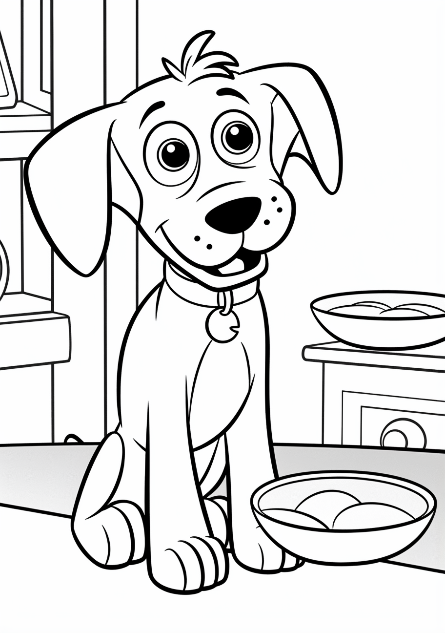 A cartoon dog near a bowl filled with pedigree, presented in a simplified design with clear outlines. printable coloring page, black and white, free download