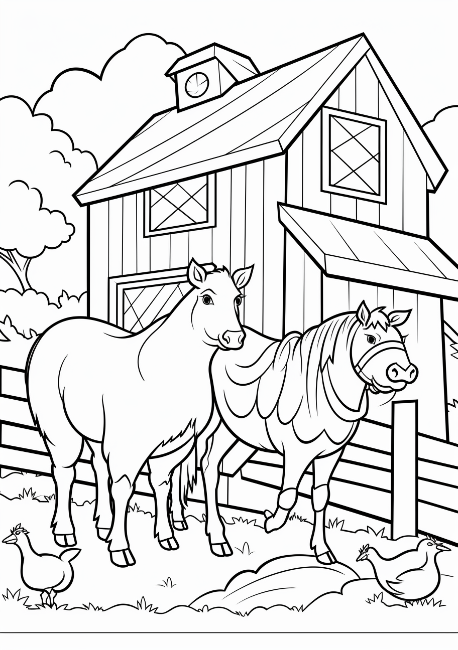 Domestic farm animals; emphasis on bold lines and simplistic forms.printable coloring page, black and white, free download