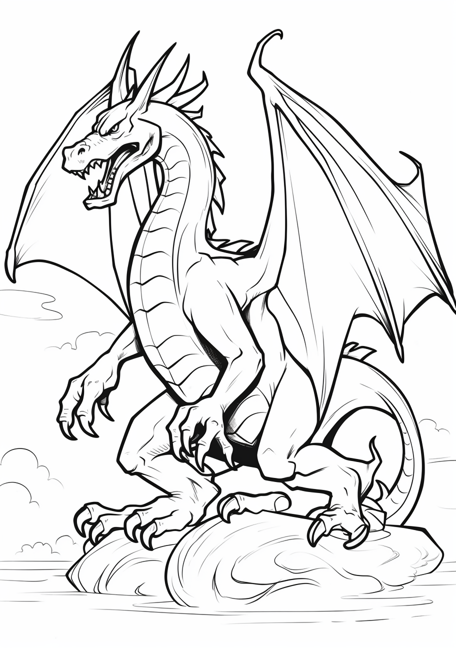 Hand-drawn Charizard in a dramatic pose; clean, evocative outlines. printable coloring page, black and white, free download