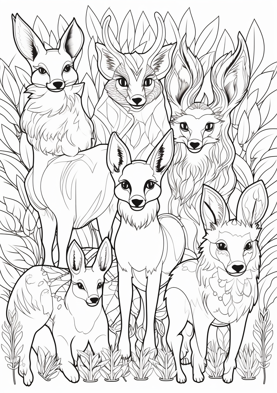 Eevee's evolutions displayed in a fun and colorful manner; simple lines and bold shapes. printable coloring page, black and white, free download