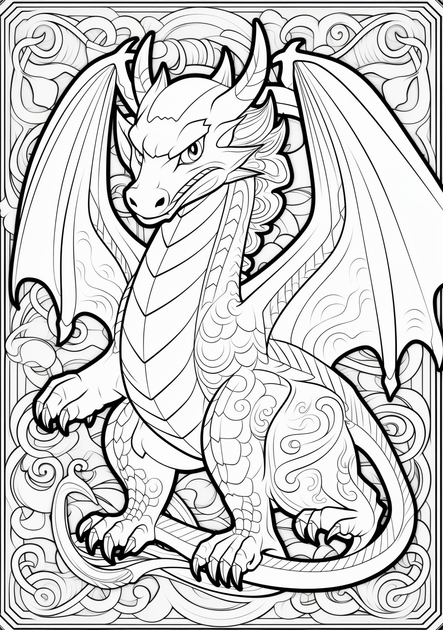 Intricate art of Charizard; black and white illustration with detailed lines and complex patterns. printable coloring page, black and white, free download